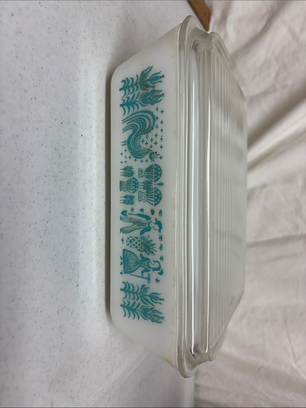 Pyrex refrigerator dish, model number 503, in the "Amish Butterprint" pattern.